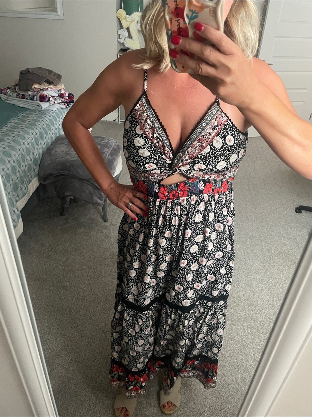 Angie Black Floral Maxi Dress with Red Accents